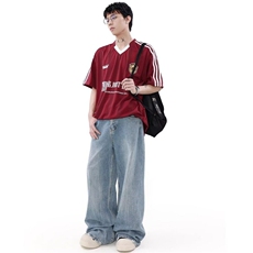 网络图现货美式复古潮流学院风拼接V领三道杠印花T恤JCT50-P38，男装T恤，星座715-7