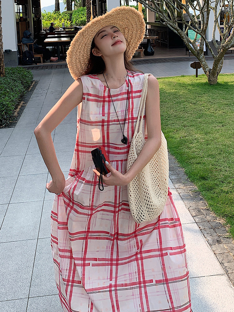 甜美红色格子无袖背心连衣裙女夏2025新款独特绝美爆款高级感长裙,女装连衣裙,浙宝305