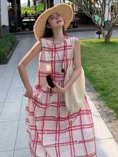 甜美红色格子无袖背心连衣裙女夏2025新款独特绝美爆款高级感长裙，女装连衣裙，浙宝305