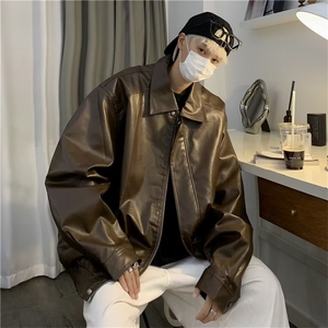 棕色皮衣外套男春秋款美拉德穿搭潮牌痞帅pu皮夹克美式M6605-P66图片