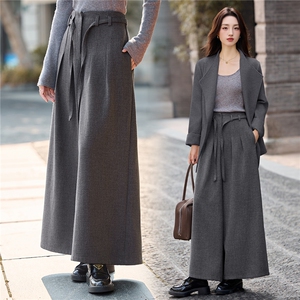 现货新款女士阔腿裤2025年冬季时尚羊毛呢抽绳裤子图片