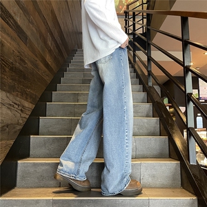 美式复古直筒牛仔裤薄款浅色高街设计感高腰宽松垂感款号9083-P39图片