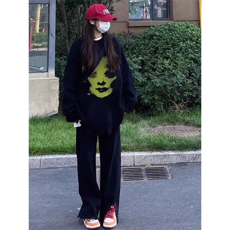 Q357-P45   美式人像复古圆领卫衣 学生男女款宽松上衣图片
