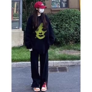 Q357-P45   美式人像复古圆领卫衣 学生男女款宽松上衣图片