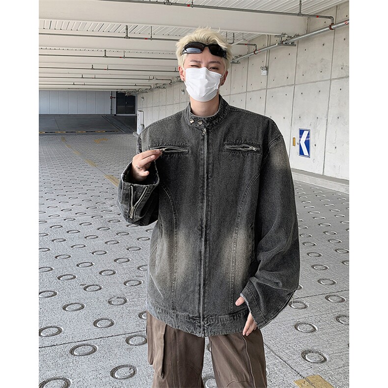 水洗黑拉链装饰设计感小众美式机车牛仔夹克短款外套痞帅上衣,男装夹克,星座601-2