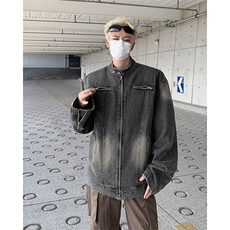 水洗黑拉链装饰设计感小众美式机车牛仔夹克短款外套痞帅上衣，男装夹克，星座601-2