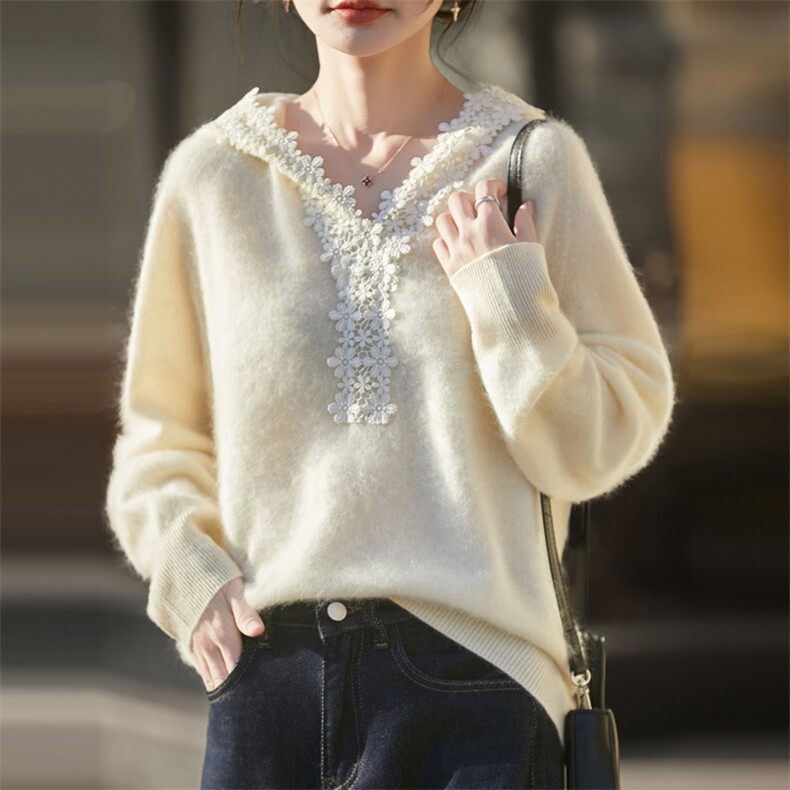 2025年秋季时尚百搭通勤简约休闲花边拉链帽衫，女装羊毛衫，昭美羊绒