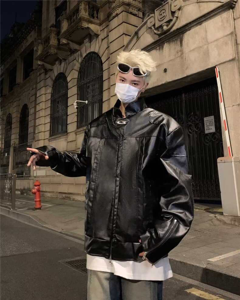 秋季小众高级感立领机车皮衣男宽松短款垫肩美式复古夹克外套潮,男装夹克,星座410-6（原星座1304-1）