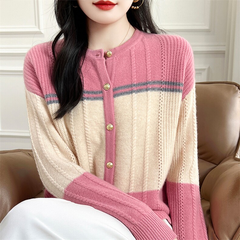 拼色加厚开衫针织衫羊毛衫女秋冬2024年新款,女装羊毛衫,哲奥羊绒