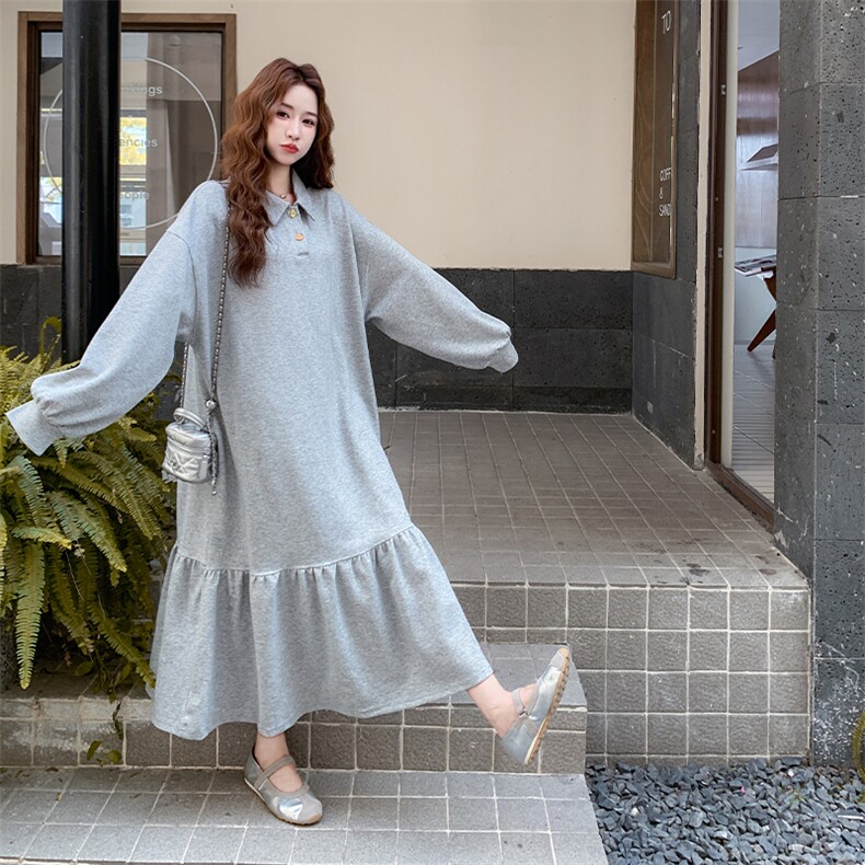 休闲减龄灰色卫衣连衣裙女春秋超火好看高级小众长裙子假两件套装,女装连衣裙,2C007