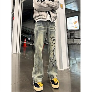 复古蓝字母印花微喇牛仔裤男春秋高街裤子直筒修身阔腿裤 NS6078，男装牛仔裤，星座1116A（原606A-3）