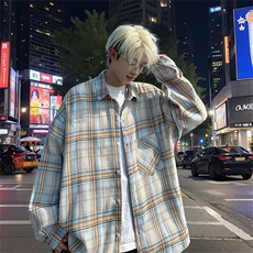 衬衫男春季新款港风宽松磨毛格子长袖衬衣CS602-特P28无差价，男装衬衫，星座214-3