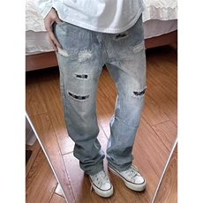 高街vibe破洞补丁微喇牛仔裤男窄版显瘦直筒长裤痞帅裤LA4455-P50，男装牛仔裤，星座1008