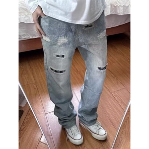 高街vibe破洞补丁微喇牛仔裤男窄版显瘦直筒长裤痞帅裤LA4455-P50图片