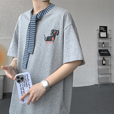 8XL-M纯棉复古拼接假领带设计短袖美式T恤男重工情侣上衣潮DX341，男装T恤，电商D206-1