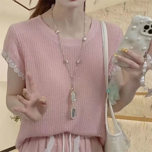 2025春季细看精仿羊毛衫女士圆领镂空短袖上衣套头蕾丝薄款打底图片
