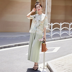 棉麻套装女装复古盘扣印花上衣2025新款夏季高端亚麻两件套阔腿裤，女装套装/套裙，阳光伊恋