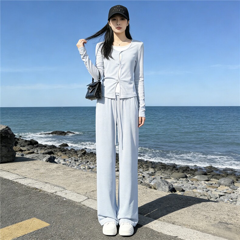 欧货休闲时尚套装女春季新款圆领拼接假两件短款上衣阔腿裤两件套,女装套装/套裙,江南
