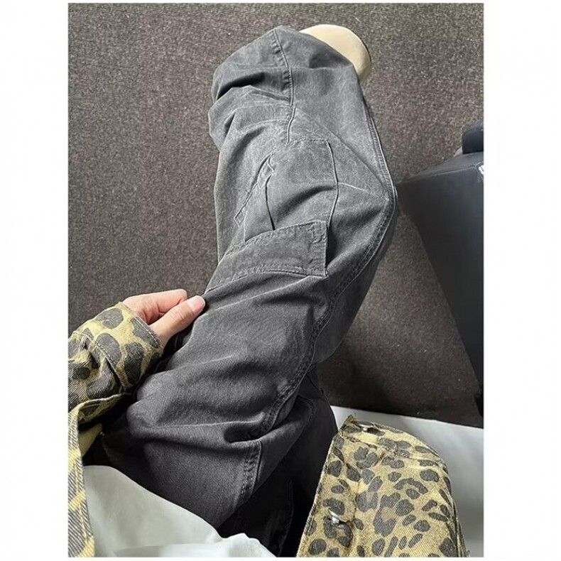 复古多口袋水洗工装裤男街头做旧宽松阔腿裤子1001-1-BK049-P60图片