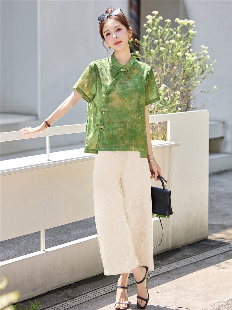 长期有货2026夏装新款时尚两件套装女提花新中式衬衫T阔腿腿裤女,女装套装/套裙,璐依舞