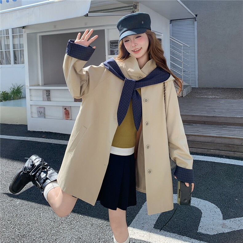 卡其色格纹撞色连帽风衣外套女2025秋季韩版时尚宽松休闲大衣,女装风衣,2C218