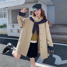 卡其色格纹撞色连帽风衣外套女2025秋季韩版时尚宽松休闲大衣，女装风衣，2C218