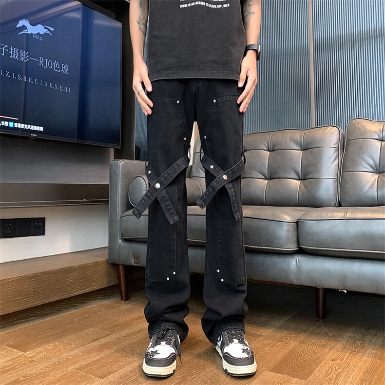美式高街工装休闲绑带微喇叭直筒牛仔裤XZ-221-1-K1503-P60控78图片