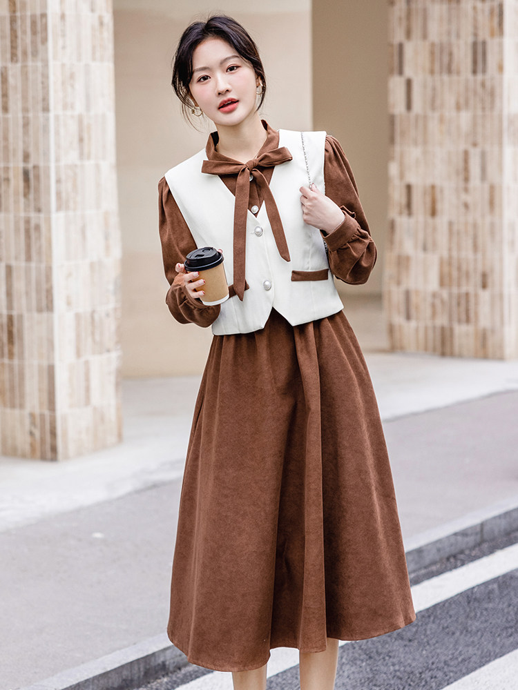 现货小香风套装2025新款女春秋小个子马甲衬衫马甲连衣裙两件套,女装套装/套裙,韩美纤衣