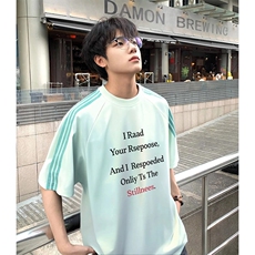 抖音得物品质二开240克宽松纯棉美式潮牌印花三条杠中性风短袖T恤，男装T恤，电商A486-1