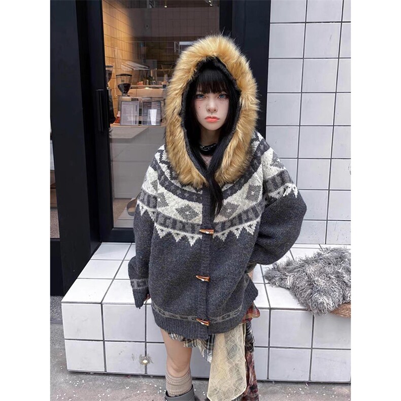 重磅北极绒座山雕大毛毛领毛衣外套冬美式复古休闲慵懒风针织开衫,男装针织衫/毛衣,电商A486