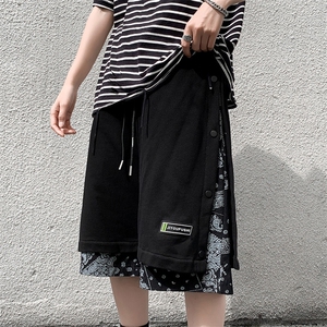 夏季新款腰果花高街短裤拼接假两件排扣中性休闲宽松五分裤子男潮