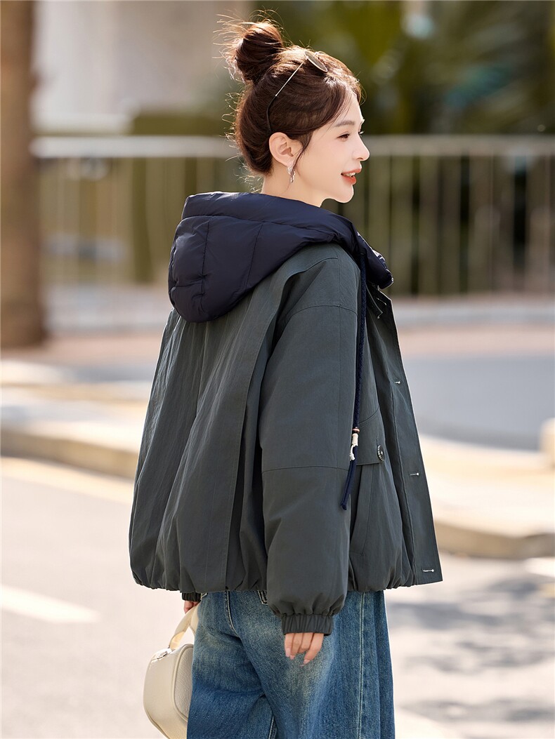 90白鸭绒宽松大版休闲拼接工装派克假两件连帽羽绒服,女装羽绒服,采品优优