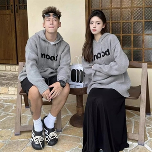学生情侣款港风百搭连帽提花毛衣美式高街宽松版慵懒风针织毛衫冬图片