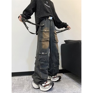 多口袋复古阔腿牛仔裤男重工美式街头嘻哈工装直筒裤子 NB15图片