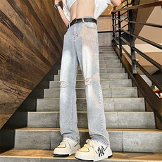 微喇破洞牛仔裤男夏季薄款宽松美式高街时尚风裤设计感C1087/P45，男装牛仔裤，星座506