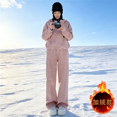 高级感运动加绒套装女秋冬休闲立领加厚连帽卫衣直筒阔腿裤两件套，女装套装/套裙，江南