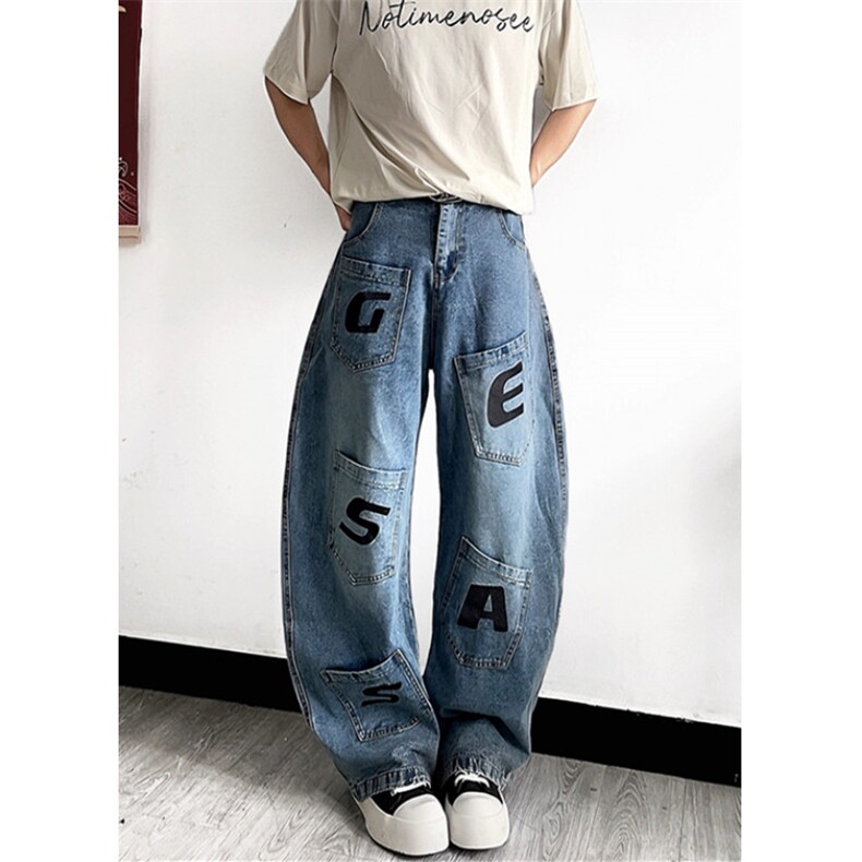 小众覆古字母刺绣多口袋工装牛仔裤男女宽松阔腿弯刀裤N31,男装牛仔裤,星座1116A（原606A-3）