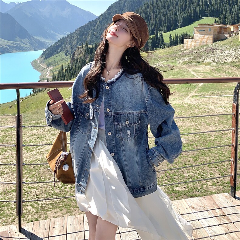 复古破洞花边领牛仔外套2025新款女春秋季设计感休闲独特chic夹克,女装短外套,2C166