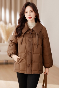 时尚牛角扣呢料拼接羽绒服中长款百搭冬装女装图片
