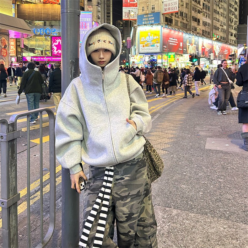 抖音得物高品质26春装美式高街重磅宽松结构高领连帽卫衣外套W60,女装短外套,电商A486