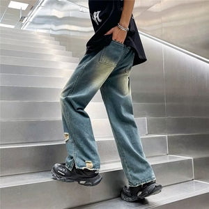 青春流行ins男直筒水洗破洞牛仔裤 P45图片