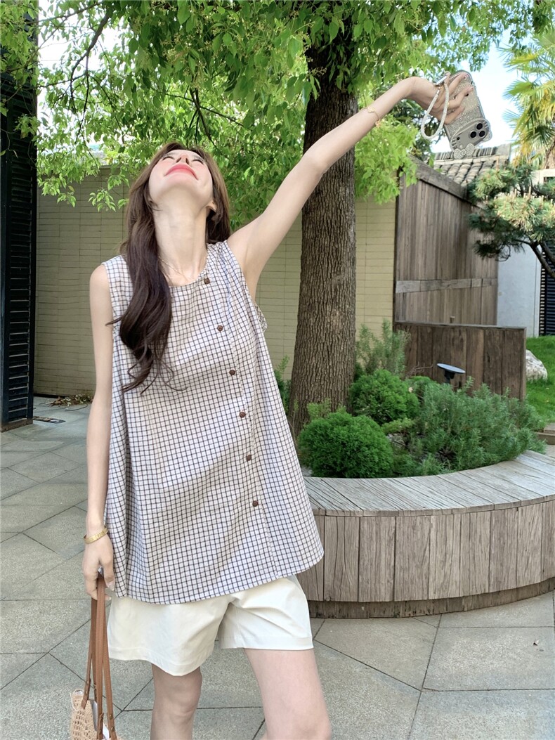 格纹套装女夏季2026新款韩系复古慵懒百搭显瘦背心高腰短裤两件套,女装套装/套裙,艾米莉亚