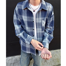 美式蓝色格子衬衫男春季高街潮牌青少年长袖衬衣25XC33170特批30，男装衬衫，电商A042