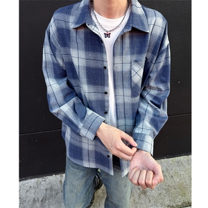 美式蓝色格子衬衫男春季高街潮牌青少年长袖衬衣25XC33170特批30图片
