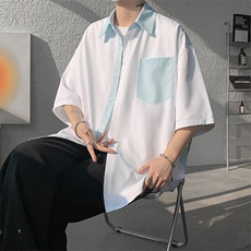 仓库现货CS1120-特批25条纹撞色拼接百搭痞帅大码短袖衬衫，男装衬衫，电商A059