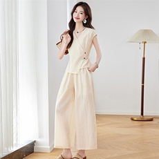 松弛感休闲无袖套装女2025夏季新款气质V领收腰衬衫阔腿裤两件套，女装套装/套裙，姿衣坊