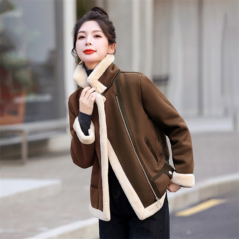 现货冬款拼接复合皮毛一体时尚保暖服颗粒绒外套百搭休闲韩系加绒,女装羊羔毛/颗粒绒,韩美纤衣