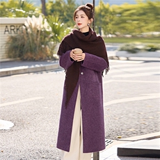 2025冬季新款双面绒羊毛大衣中长款过膝配流苏披肩围巾毛呢外套潮，女装毛呢外套，朵莱米