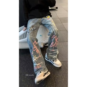 耐磨水洗牛仔布蓝色拉链高腰美式复古高街涂鸦牛仔裤男款秋季长裤图片
