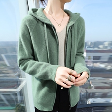 开衫女连帽纯色秋冬新款百搭外套毛衣针织上衣，女装针织衫/毛衣，恒旺羊绒